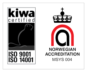 Kiwa certified ISO 9001 ISO 14001 og Norwegian Accreditation MSYS 004 logoer